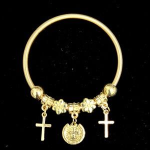 Melody Gold Charm Bangle Bracelet Cross & Floral Accents
